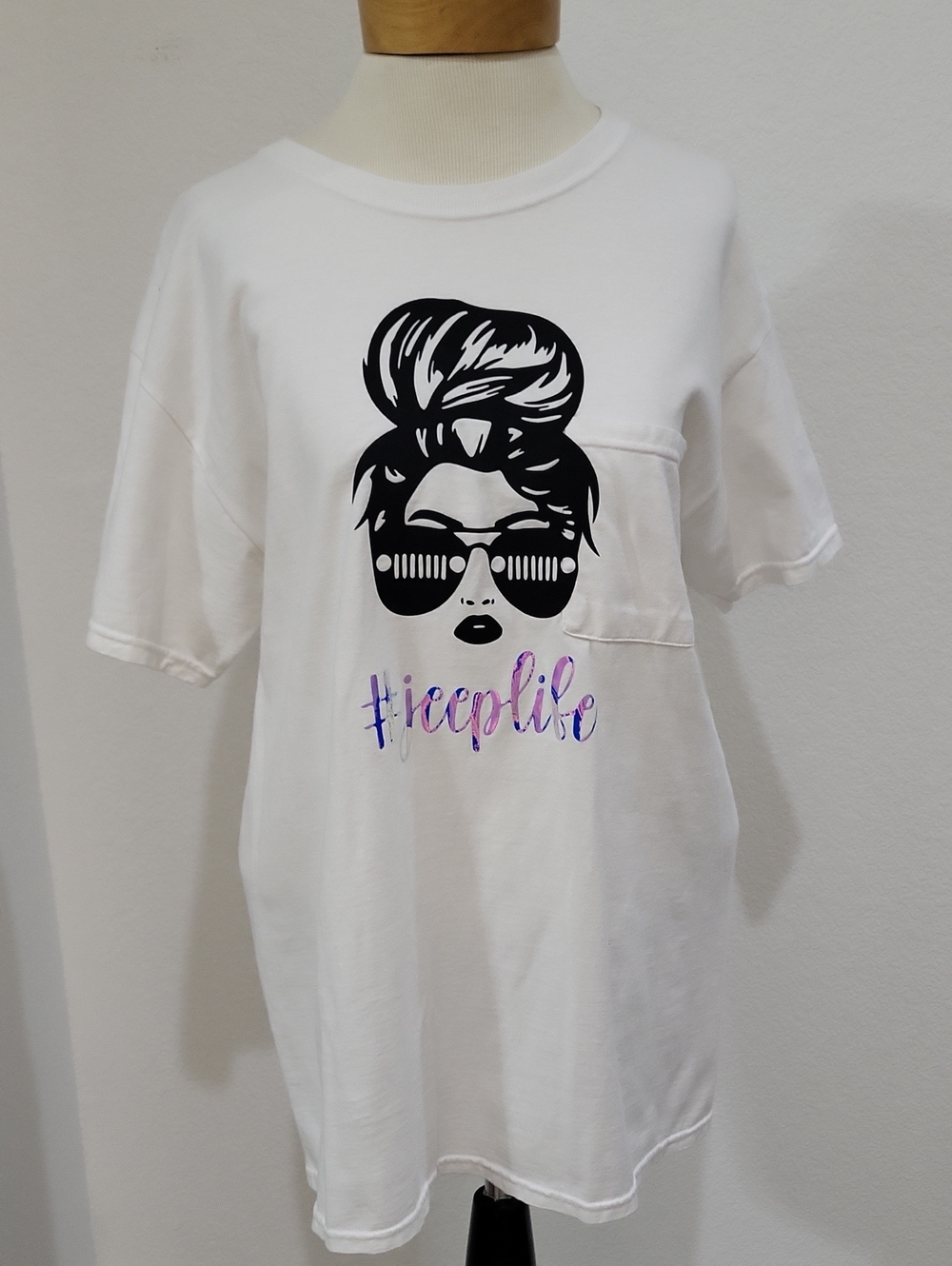Fruit of the Loom White Short Sleeve Tee with Black Graphic and Purple Script